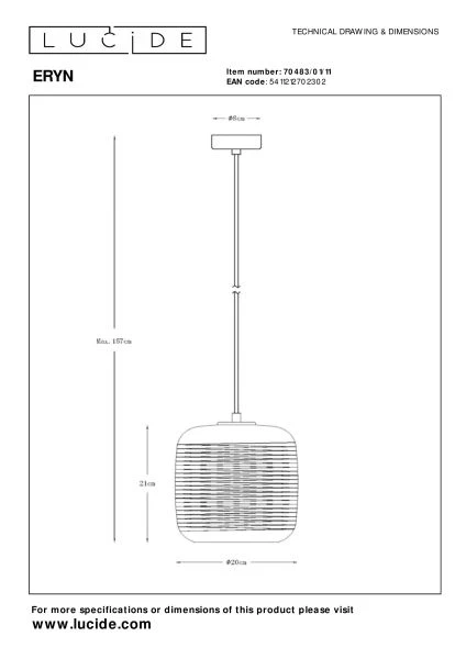 Lucide ERYN - Hanglamp - Ø 20 cm - 1xE27 - Chroom - technisch